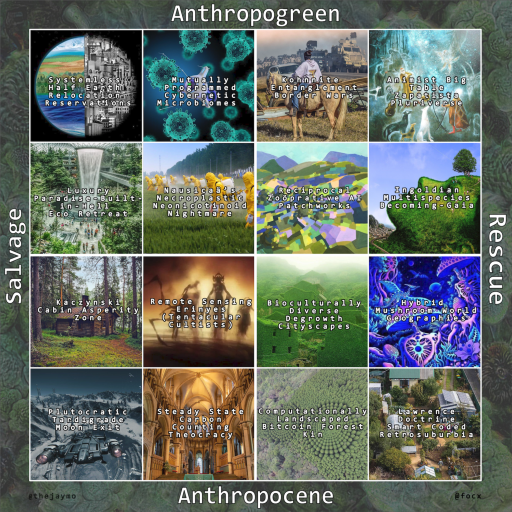 Speculative futures worldbuilding matrix with Anthropogreen/Anthropocene and Salvage/Rescue axes, containing 16 illustrated scenario cells including "Reciprocal Zoรถprative AI Patchworks" and "Hybrid Mushroom World Geographies"