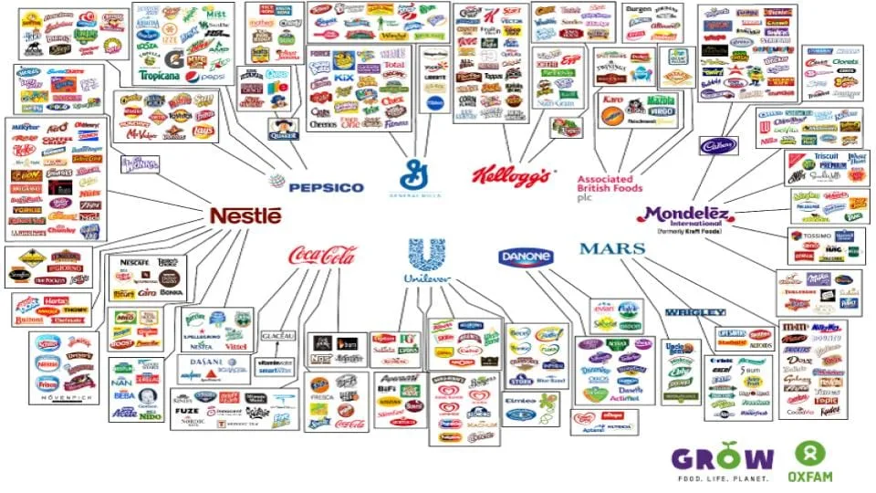Featured image for Solarpunk Life in the Future Beyond the Rusted Chrome of Yestermorrow - An Oxfam infographic mapping how 10 corporations own hundreds of food brands.