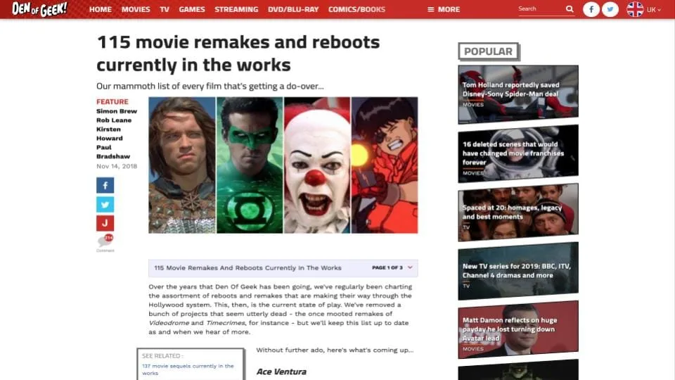 Featured image for Solarpunk: Life in the Future beyond the rusted chrome of yestermorrow - A screenshot of the Den of Geek website featuring the article 115 movie remakes and reboots currently in the works.