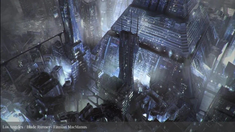 Featured image for Solarpunk: Life in the future beyond the rusted chrome of yestermorrow - dark aerial concept art of a futuristic city at night with dense buildings and glowing blue lights.
