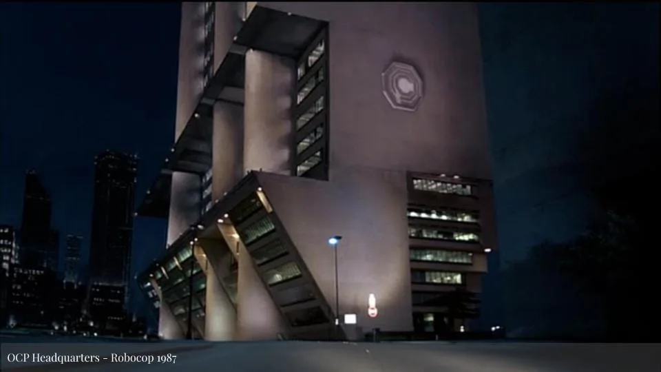 Featured image for Solarpunk Life in the Future beyond the Rusted Chrome of Yestermorrow - the OCP Headquarters building from the film RoboCop at night.