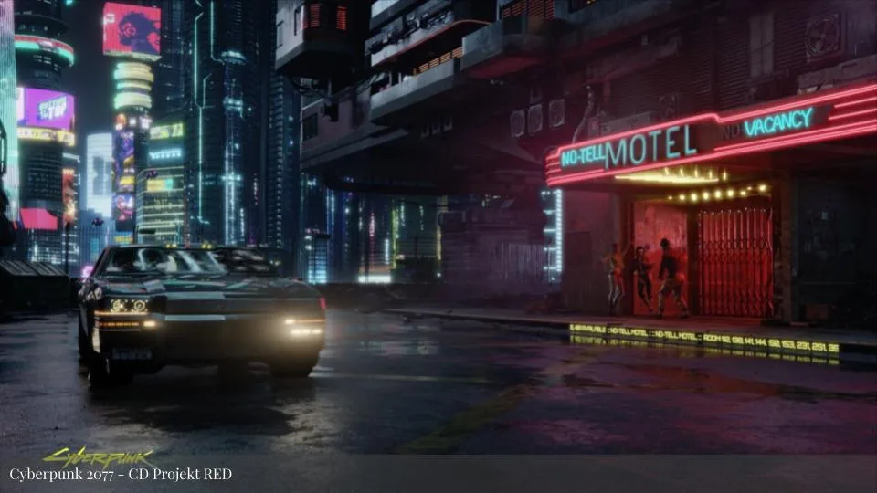 Featured image for Solarpunk: Life in the Future Beyond the Rusted Chrome of Yestermorrow (weeknotes 42) - a futuristic car on a rainy street outside the neon-lit No-Tell Motel in a cyberpunk city.