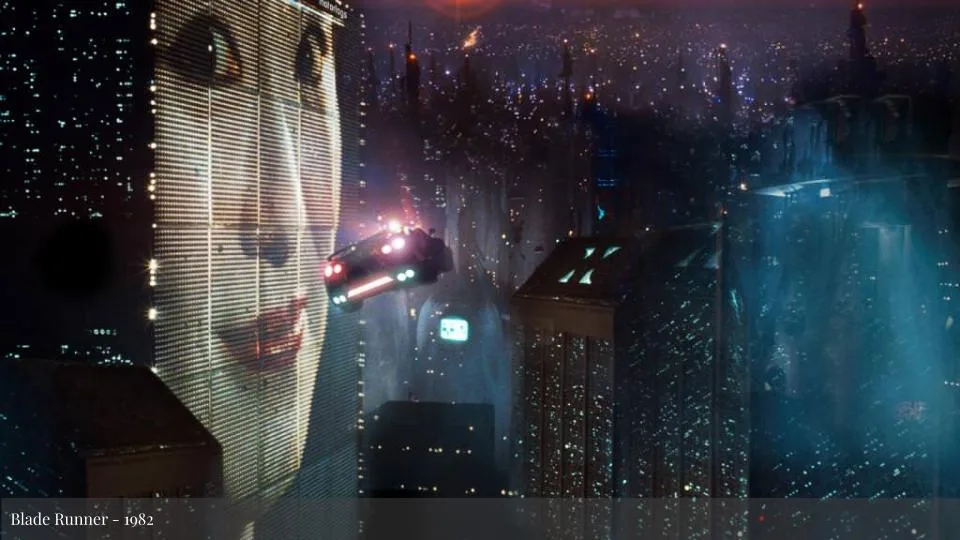 Featured image for Solarpunk: Life in the Future beyond the Rusted Chrome of Yestermorrow - a flying car passes a giant geisha billboard in a dark city.
