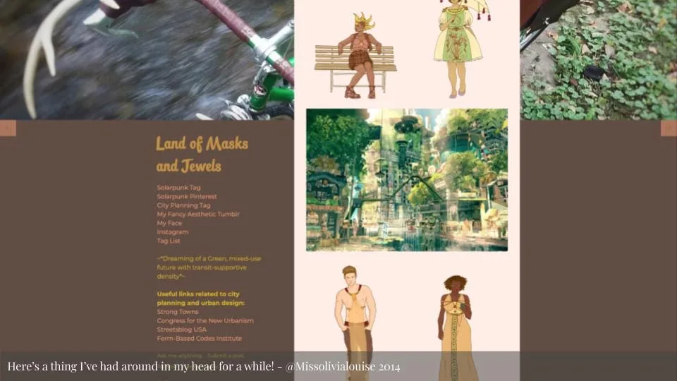 Featured image for Solarpunk: Life in the Future Beyond the Rusted Chrome of Yestermorrow #50 - a collage screenshot of a blog titled Land of Masks and Jewels featuring solarpunk character and environment illustrations.