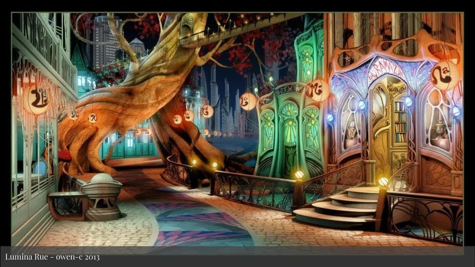 Featured image for Solarpunk Life in the Future Beyond the Rusted Chrome of Yestermorrow - an ornate Art Nouveau street with integrated trees and lanterns.