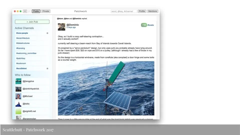 Featured image for Solarpunk: Life in the Future Beyond the Rusted Chrome of Yestermorrow - A screenshot of the Patchwork interface showing a post by @Dominic about a DIY self-steering boat contraption made from junk.