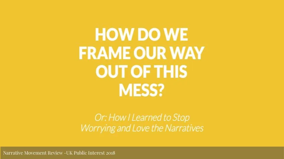 Featured image for Solarpunk: Life in the Future Beyond the Rusted Chrome of Yestermorrow - a yellow graphic with white text reading "HOW DO WE FRAME OUR WAY OUT OF THIS MESS? Or: How I Learned to Stop Worrying and Love the Narratives