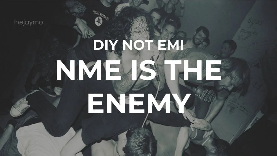 Featured image for Solarpunk: Life in the future beyond the rusted chrome of yestermorrow - a black and white photo of a singer in a crowd with the text DIY NOT EMI, NME IS THE ENEMY.