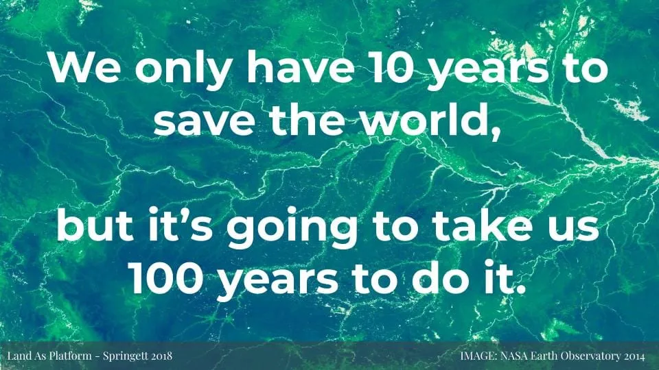Featured image for Solarpunk: Life in the Future beyond the Rusted Chrome of Yestermorrow 76 - A green aerial view of land and water with the text: We only have 10 years to save the world, but itโs going to take us 100 years to do it.
