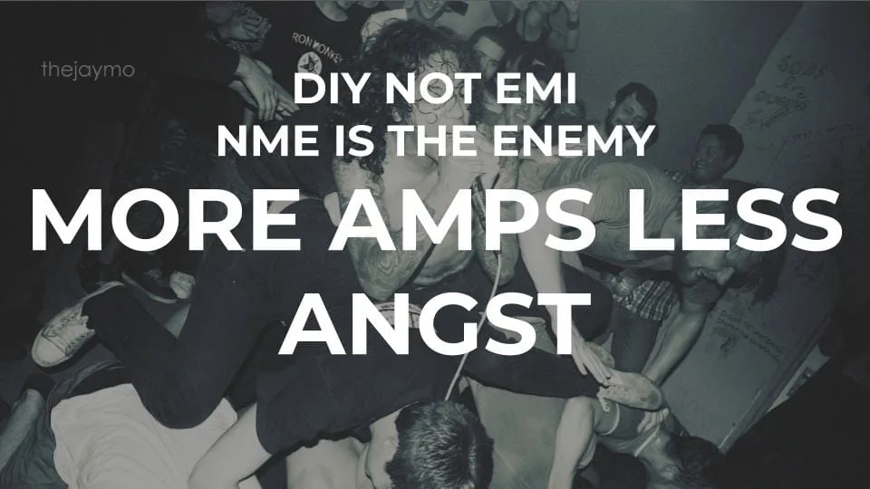 Featured image for Solarpunk Life in the Future Beyond the Rusted Chrome of Yestermorrow - A monochrome photo of a punk show with text overlay: DIY NOT EMI, NME IS THE ENEMY, MORE AMPS LESS ANGST.