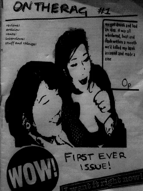 A black and white high-contrast zine cover titled ON THE RAG #1 featuring two people laughing and punk-style text.