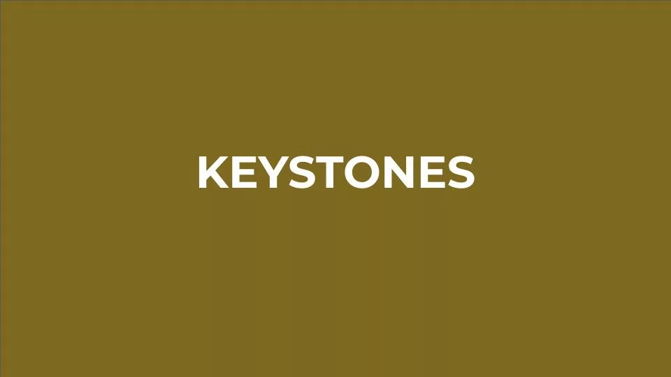 Featured image for Solarpunk Life in the Future Beyond the Rusted Chrome of Yestermorrow - the word KEYSTONES in white text on a brown background.