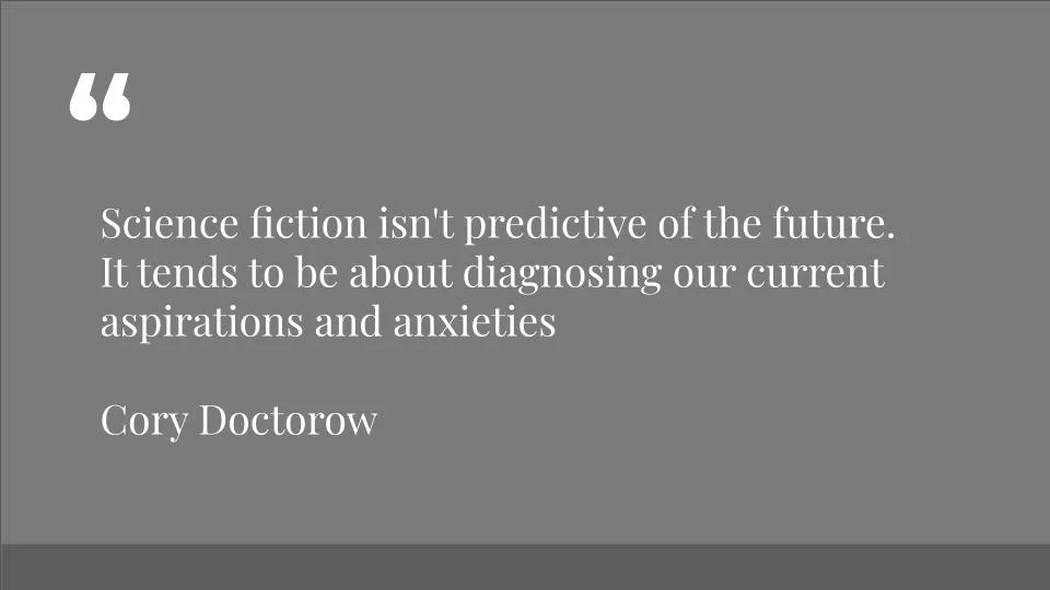 Featured image for Solarpunk: life in the future beyond the rusted chrome of yestermorrow - Cory Doctorow quote on a grey background.