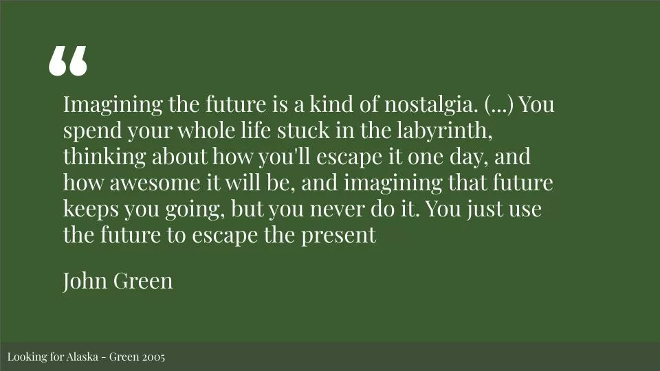 Featured image for Solarpunk: Life in the Future, Beyond the Rusted Chrome of Yestermorrow - A dark green graphic with a quote from John Green's Looking for Alaska about imagining the future to escape the present.